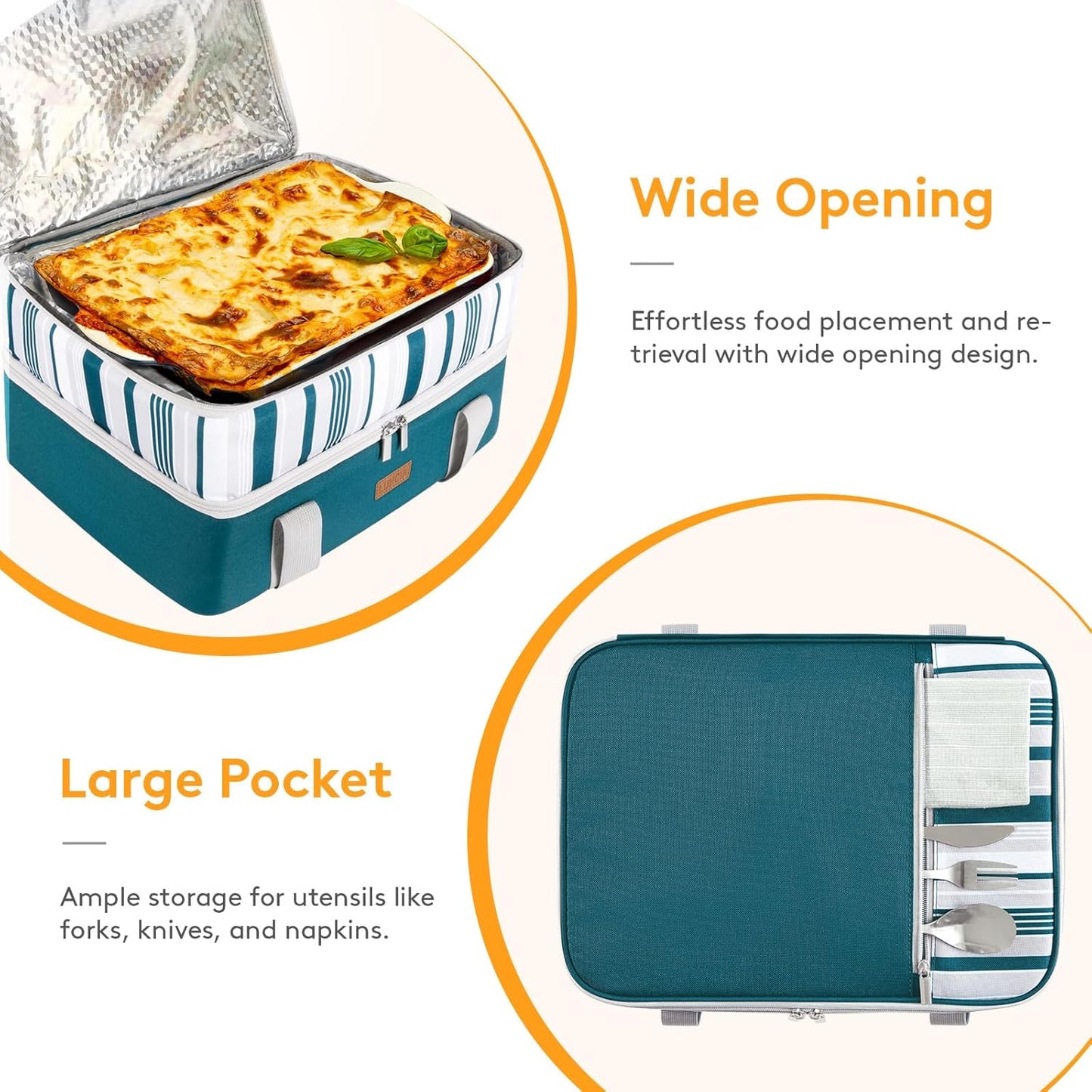 LUNCIA Double Decker Insulated Casserole Carrier for Hot or Cold Food, Lasagna Holder Tote for Potluck Parties/Picnic/Cookouts, Fits 9"x13" Baking Dish, Green