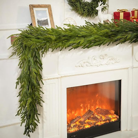 9FT Christmas Garland Norfolk Pine Garland Real Touch Faux Greenery Cedar Garlands for Mantle,Table,Wall,Christmas Decorations Indoor Outdoor