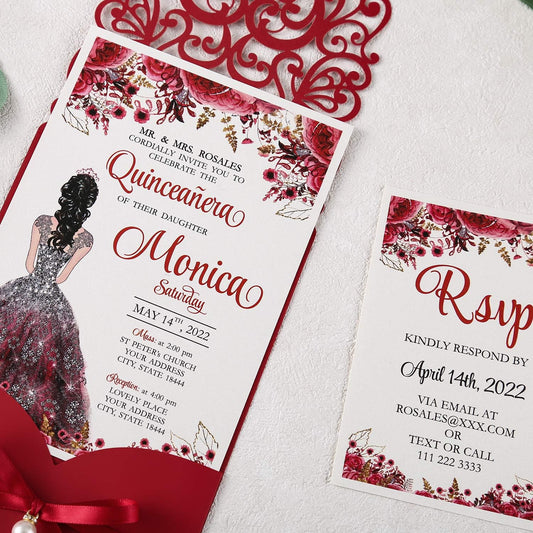 5X7.2 Inch 50PCS Personalized Laser Cut Red Quinceanera Invitations With RSVP Cards and Envelopes And Ribbon Belly Band with Pearl Embellishments for Wedding