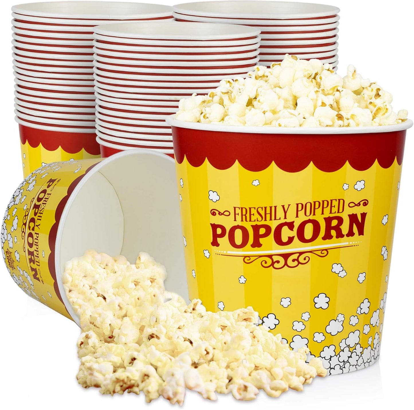 Fit Meal Prep 150 Pack Large Popcorn Buckets Disposable, 130 Oz Yellow and Red Paper Popcorn Containers Tubs for Home and Theater Movie Night