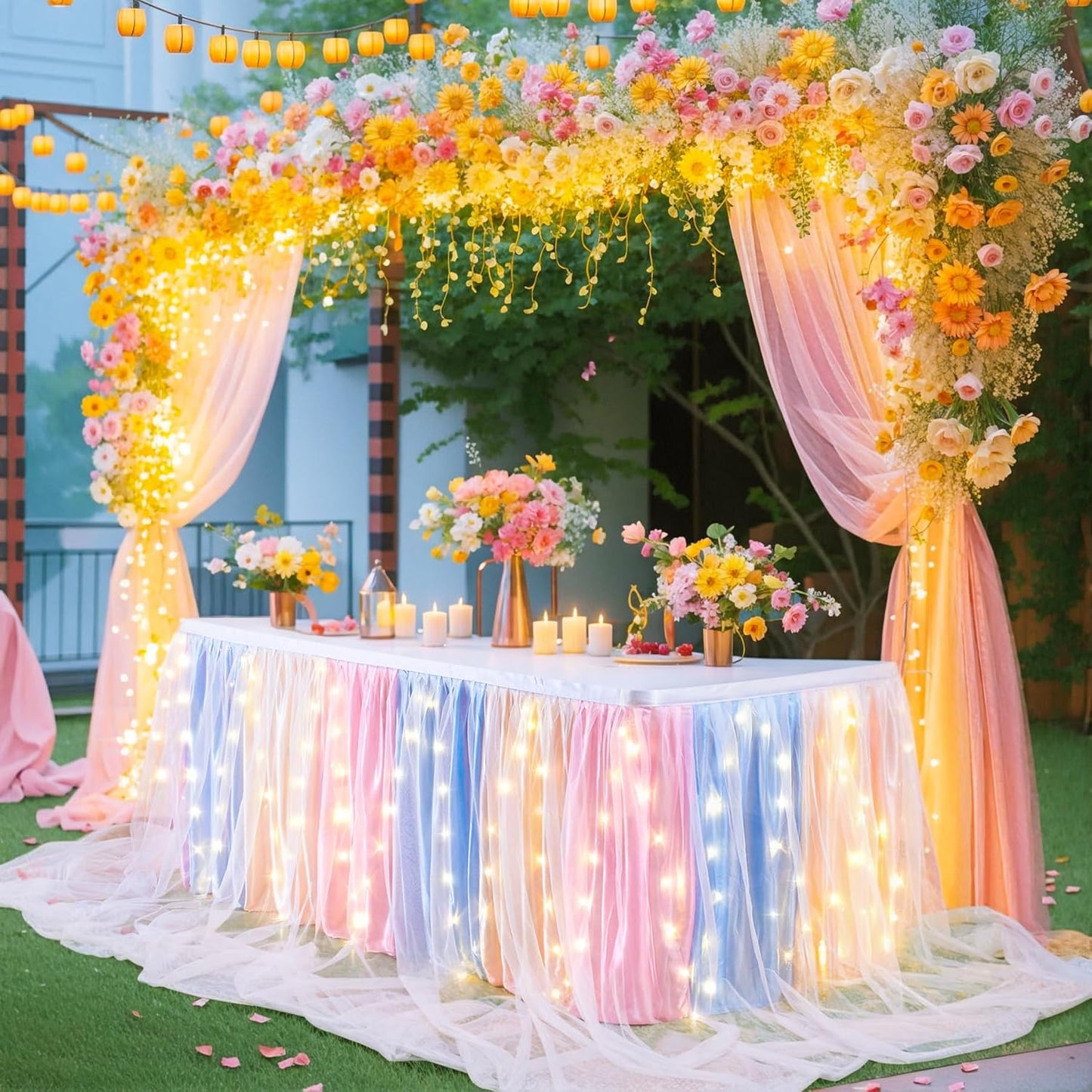 9FT Rainbow Tulle Table Skirt for Rectangle or Round Tables Rainbow Tutu Table Skirt with LED Lights for Princess Birthday Party Baby Shower Gender Reveal Wedding Banquet Cake Dessert Decorations