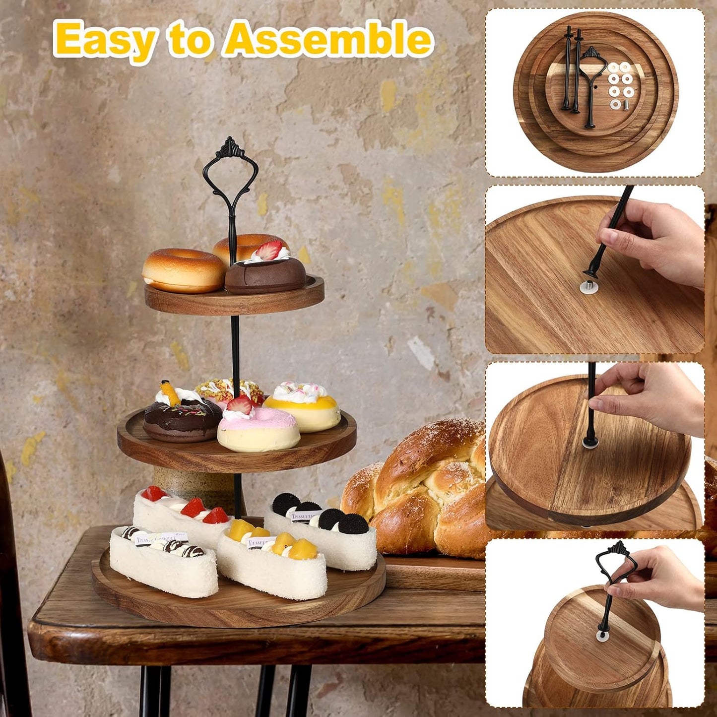 Zopeal 3 Set 3 Tier Wood Cupcake Stand,Rustic Wooden Serving Tray Farmhouse Dessert Display Tiered Cake Tower Holder for Kitchen Wedding Birthday Tea Party Decorations(Large(7.9''9.8''11.8''))