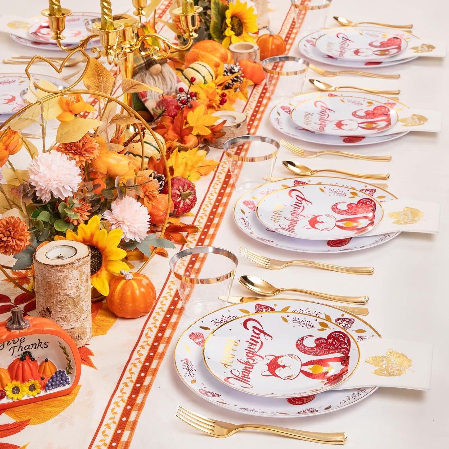 Hioasis 175pcs Thanksgiving Plastic Plates - Gold Dinnerware Set for 25 Guests - 50 Disposable Plates with Red Squirrel, 75 Gold Plastic Silverware, 25 Cups, 25 Napkins for Thanksgiving Party