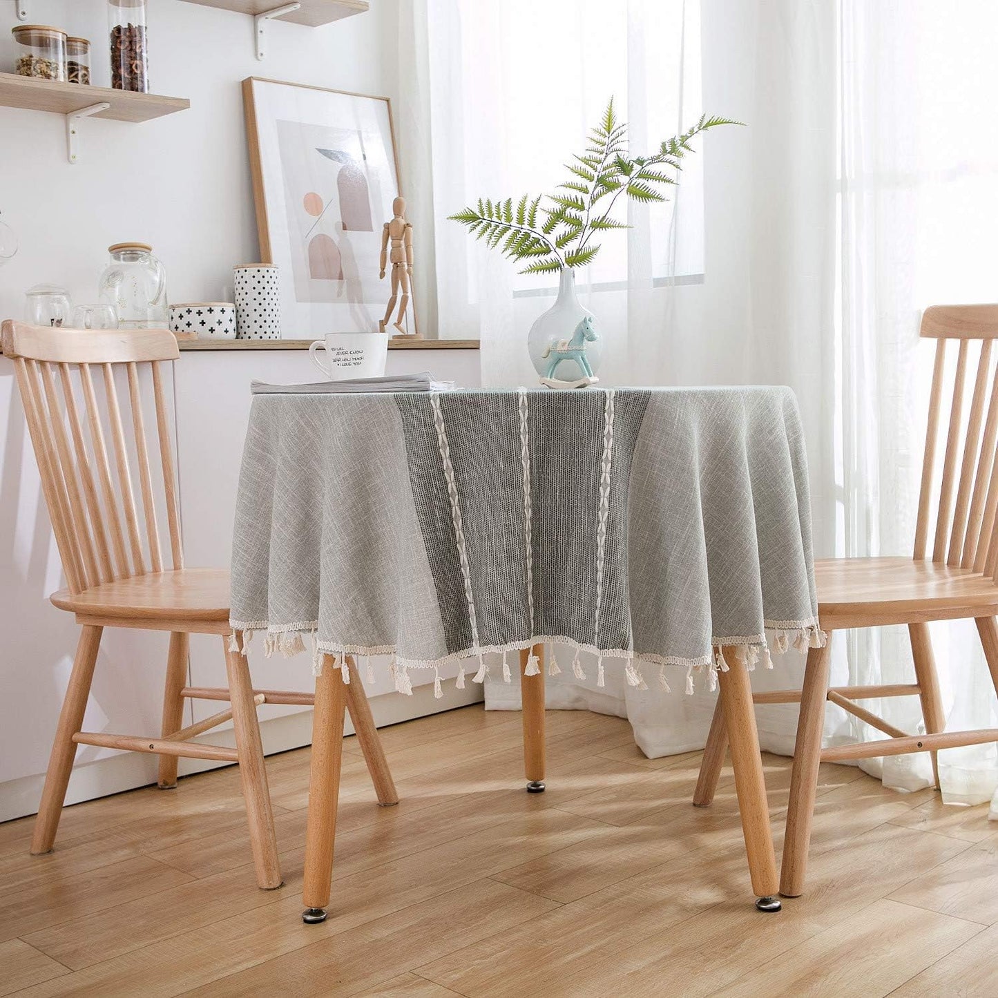 Heavy Weight Cotton Linen Tablecloth - Round 60 Inch Tablecloth - Tassel Stitching Table Cover for Kitchen Dining Room Tabletop Decoration - Gray