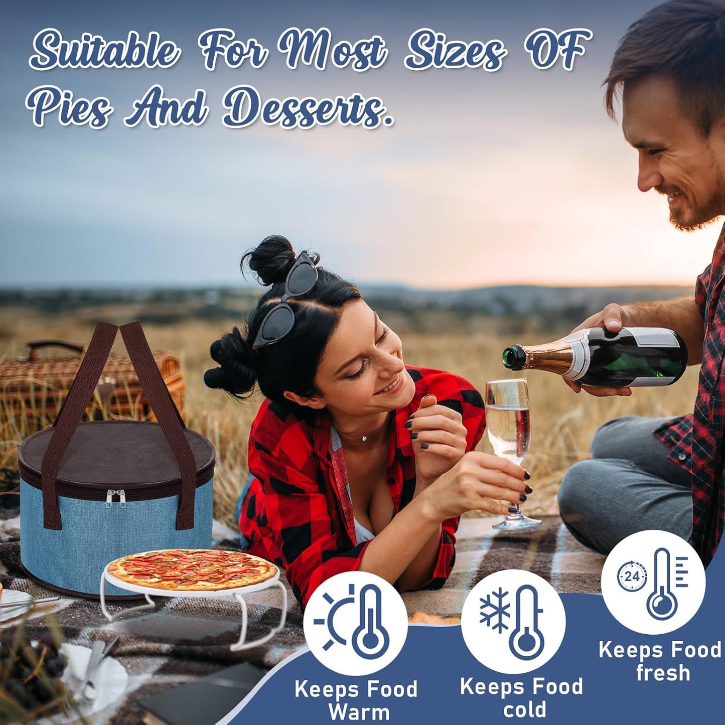 Yaomiao 2 Sets Round Pie Carrier 11 x 7 Inch with Dish Tray Plate Stacker Insulated Casserole Carrier with Lid and Handle Reusable Cooler Thermal Bags for Cold Food for Potluck Picnic (Blue and Brown)