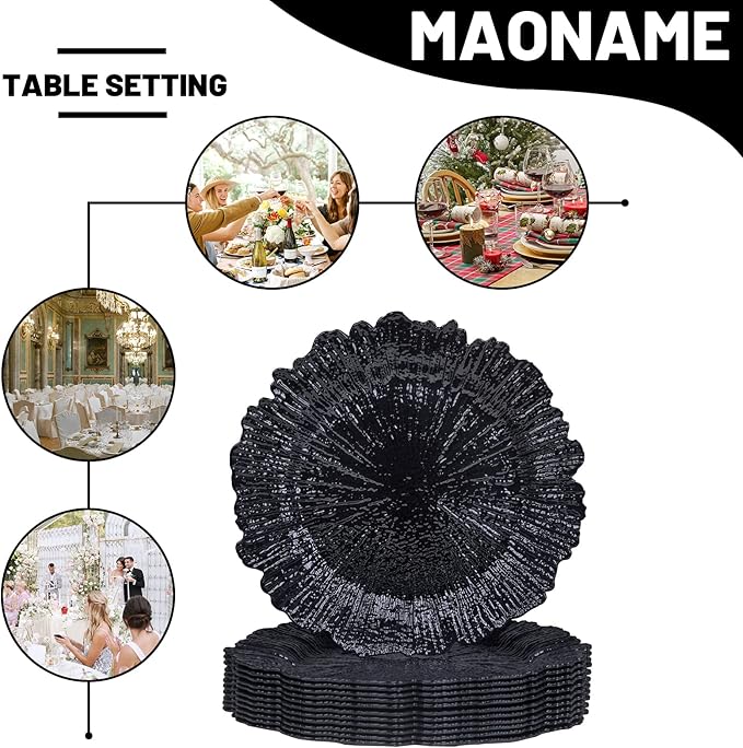 MAONAME Black Charger Plates, Reef Plates Charger for Dinner Plate,13-inch Plastic Chargers for Wedding Decor, Thanksgiving, Christmas, Set of 6