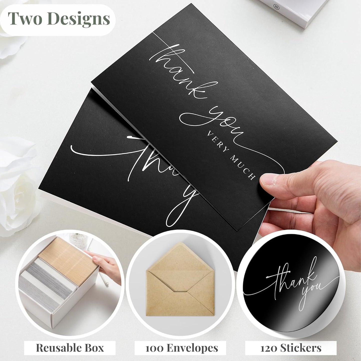 100 Thank You Cards with Envelopes - Bulk Pack Black Thank You Cards 4x6 Inch Minimalistic Design - Suitable for Business, Baby Shower, Wedding, Small Business, Graduation, Bridal Shower, Funeral