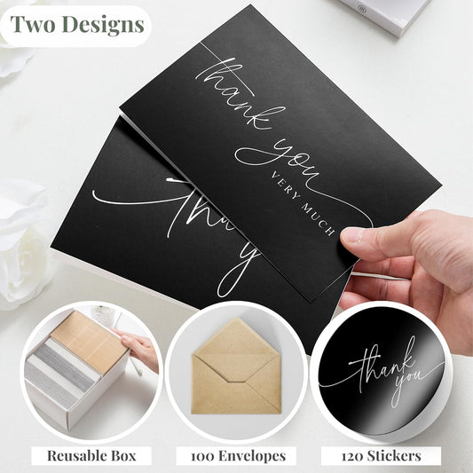 100 Thank You Cards with Envelopes - Bulk Pack Black Thank You Cards 4x6 Inch Minimalistic Design - Suitable for Business, Baby Shower, Wedding, Small Business, Graduation, Bridal Shower, Funeral