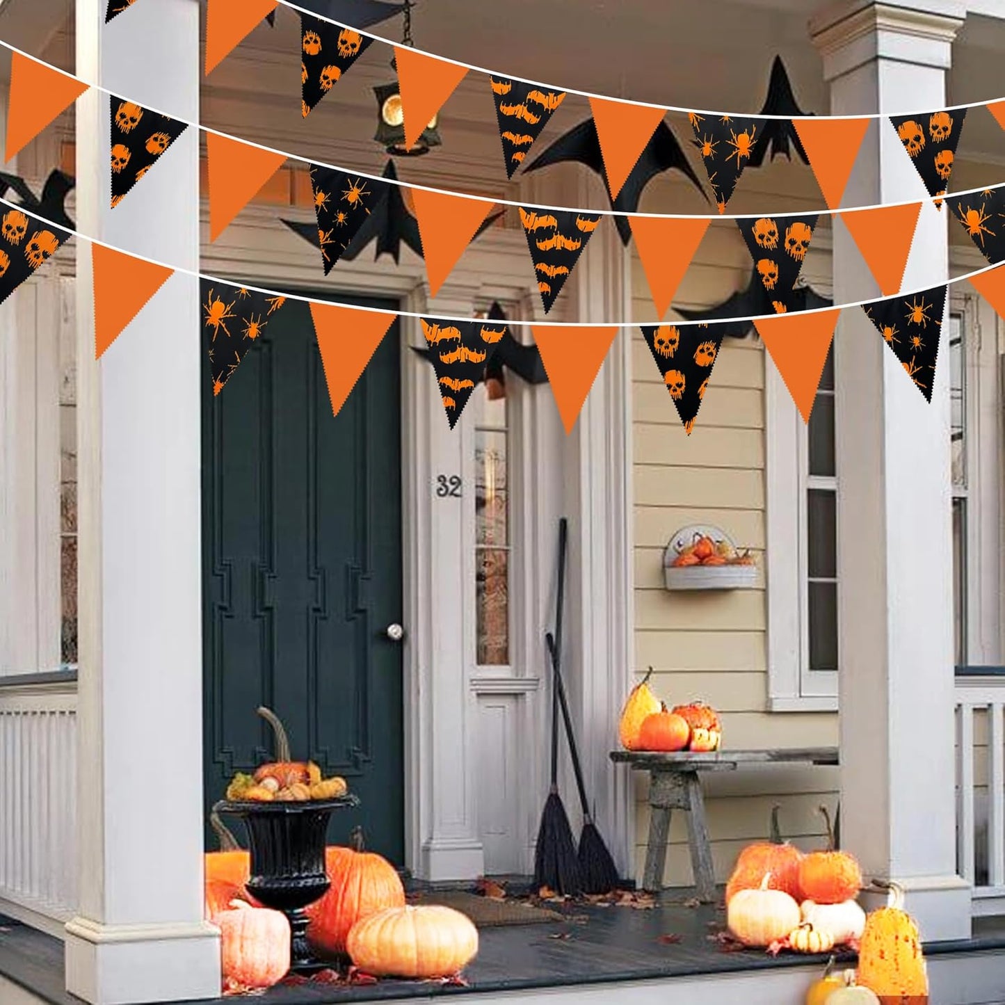 32Ft Orange Black Halloween Party Decorations Spider Skull Bats Fabric Pennant Banner Triangle Flag Bunting Garland Streamers for Halloween Trick or Treat Birthday Wedding Home Outdoor Party Supplies