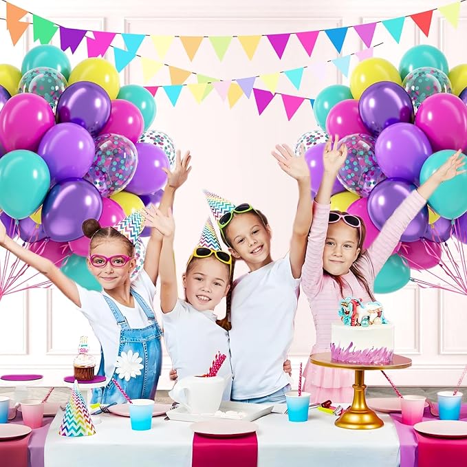 60pcs 12inch Pink Purple Blue Balloons, Hot Pink Yellow Metallic Purple Teal Confetti Balloons for Theme Engagement Baby Shower Birthday Party Decorations