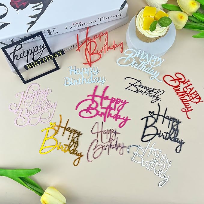 40 PCS Happy Birthday Cake Toppers Mirror Acrylic Toppers with 10 Styles 8 Colors for Birthday Party Cake Desserts Pastries