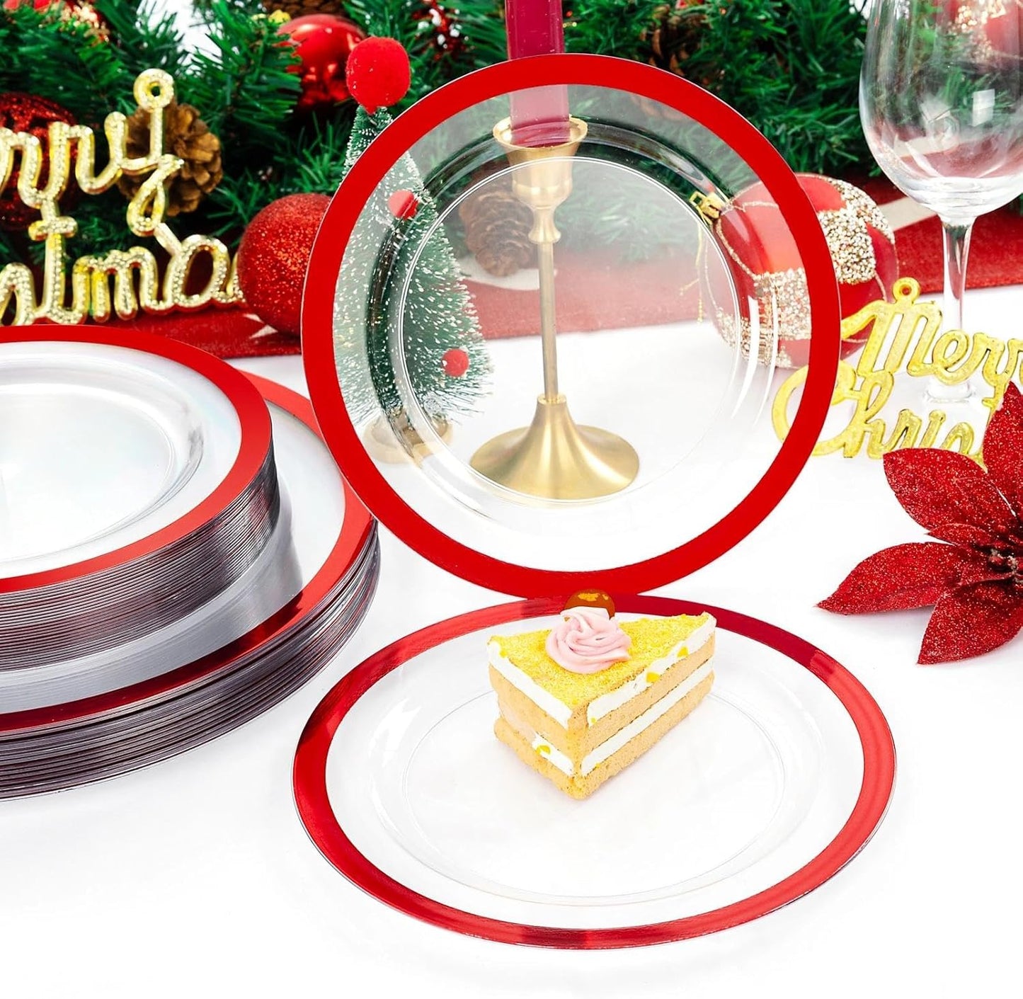 U-QE 200PCS Red Plastic Plates - Clear Red Plastic Plates Disposable Heavy Duty - Include 100 10" Dinner and 100 7" Dessert Platos for Party