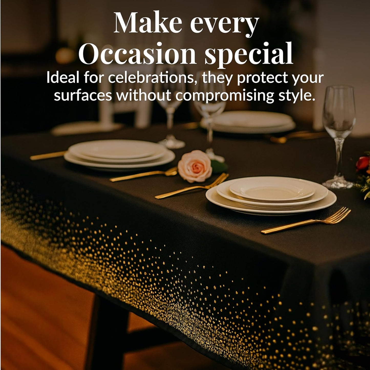 Prestee 12-Pack Black and Gold Dots Disposable Tablecloths – 108x54 Inch Waterproof Plastic Table Covers – Elegant, Heavy-Duty Party Tablecloths for Weddings, Birthdays, Holidays, and Events