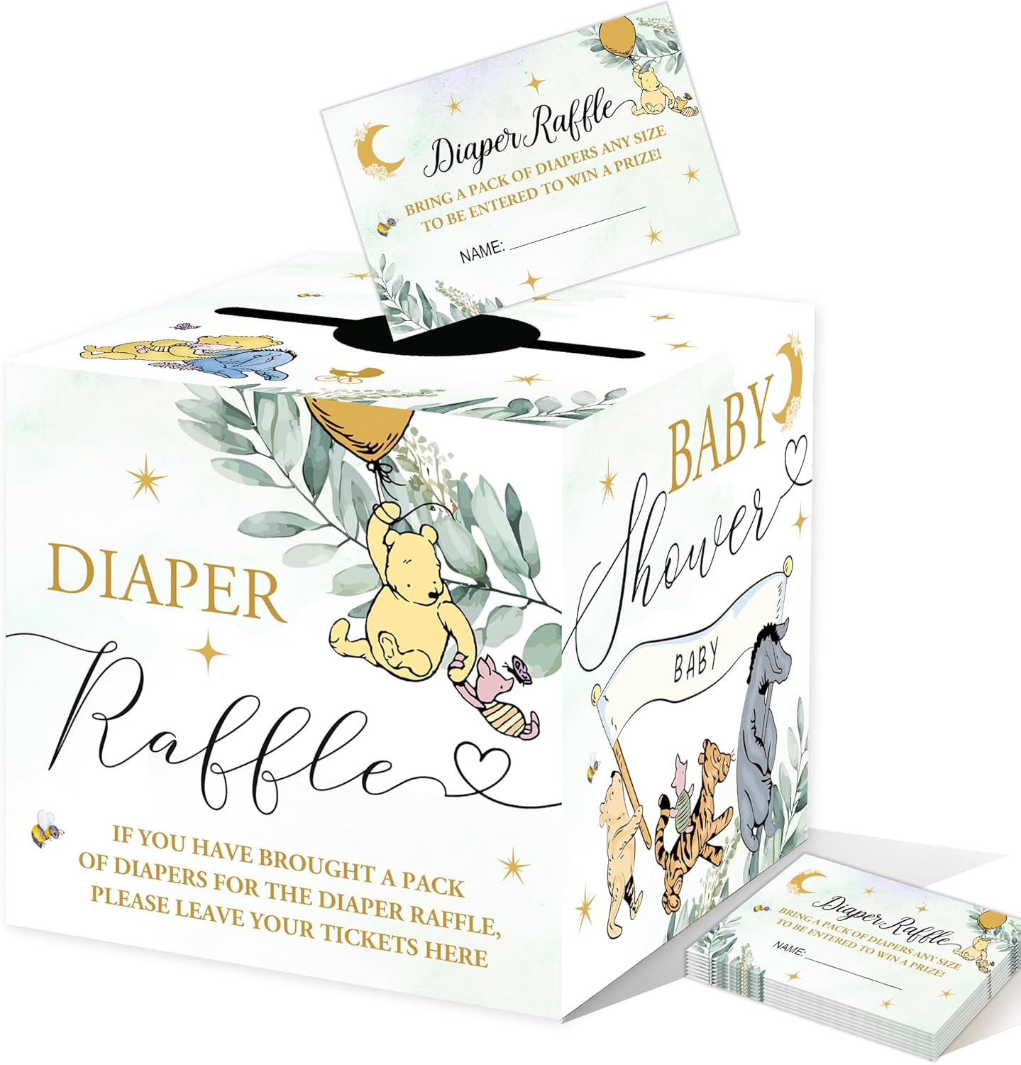 Winnie Baby Shower Games-Winnie Baby Shower Decorations-Pooh Party Decorations-Baby Shower Diaper Raffle Box With 50PCS Winnie Cards