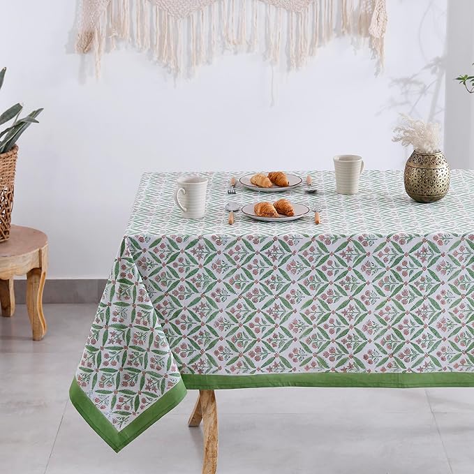 Labhanshi Indian Block Handprint Table Cloth|French Floral 8 Seater 72x108 Inch Rectangle Cotton Table Cover|Thanksgiving Baby Shower Dining Tablecloth|Outdoor Birthday Party Table Decor|Green Pink