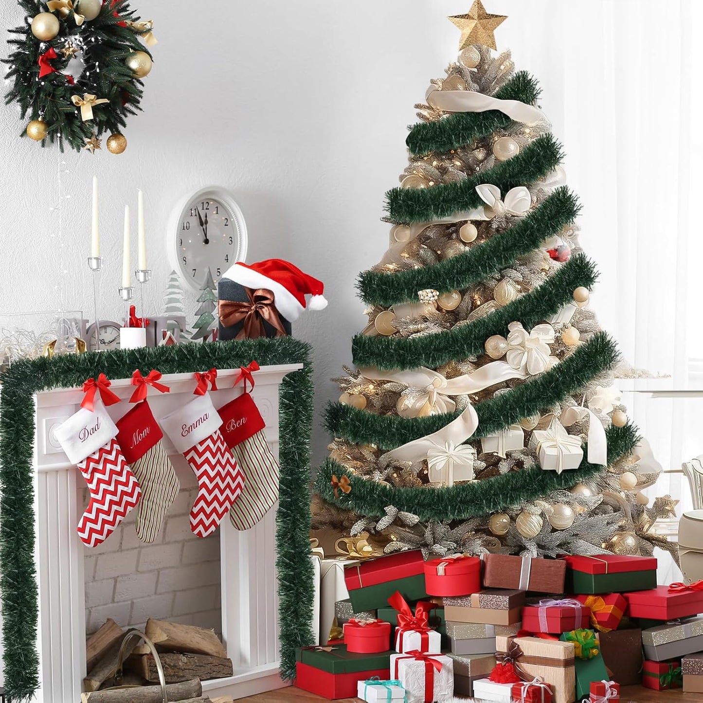 50FT PVC Green Christmas Tinsel Garland Tinsel Twist Greenery Garland for Christmas Tree Decorations, Xmas Tree Decor for Home Indoor Party Supplies