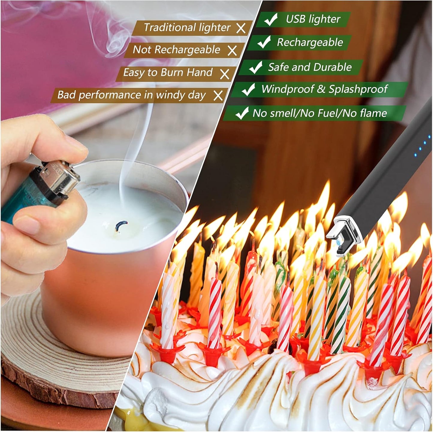 MEIRUBY Lighter Electric Candle Lighter Long Electronic Rechargeable USB Arc Windproof Flameless Lighters for Candle Camping BBQ Birthday Women's Day Gifts for Women Mom Wife Men, Balck