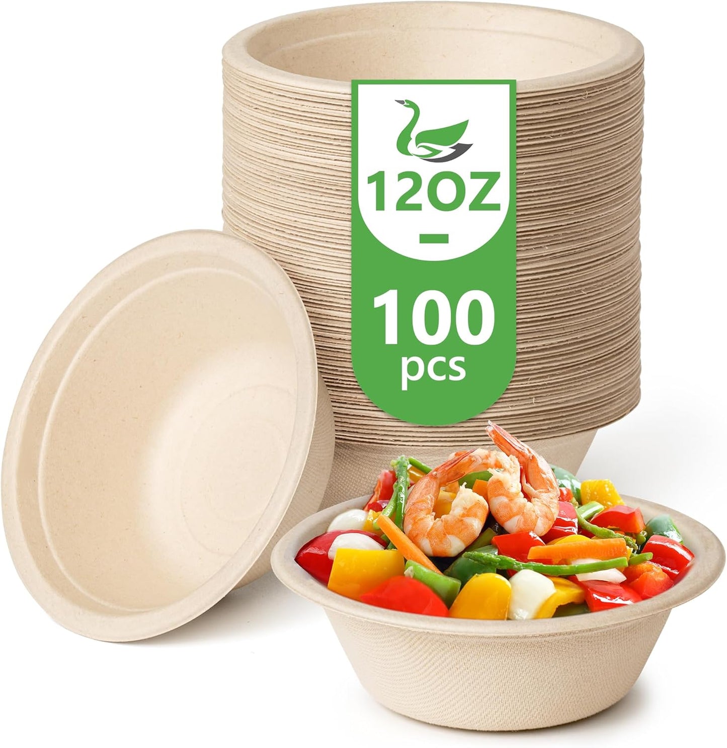 Green Swan Disposable Paper Bowls, 12 Oz [100 Pack] Large Bowl-100% Compostable, Biodegradable, Eco-Friendly Natural Colour Bowls - Convenient for Daily Use for Salad, Hot Soup, and Pasta