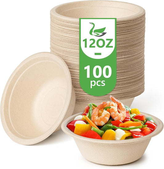 Green Swan Disposable Paper Bowls, 12 Oz [100 Pack] Large Bowl-100% Compostable, Biodegradable, Eco-Friendly Natural Colour Bowls - Convenient for Daily Use for Salad, Hot Soup, and Pasta