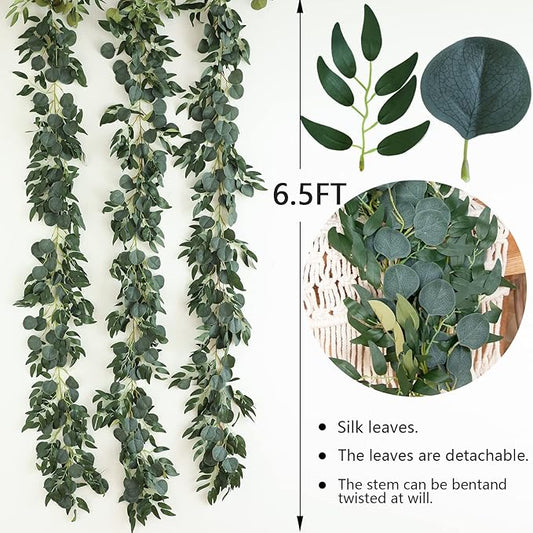 3Pcs Fake Eucalyptus Vines, 6.5FT Silk Ivy Garland, Odorless Lush Green Leaves Artificial Hanging Plants, Boho Forest Greenery Decor for Home, Classroom, Wall,Party, Wedding Decoration