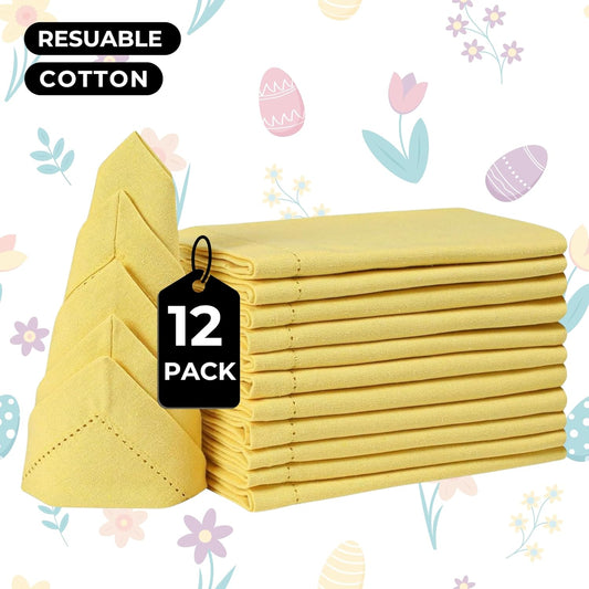 Homidate Cotton Dinner Napkins Set of 12 – 18x18 Sand Yellow with Hemstitched Mitered Corners – Machine Washable Fabric Napkins for Thanksgiving, Weddings & Cocktails