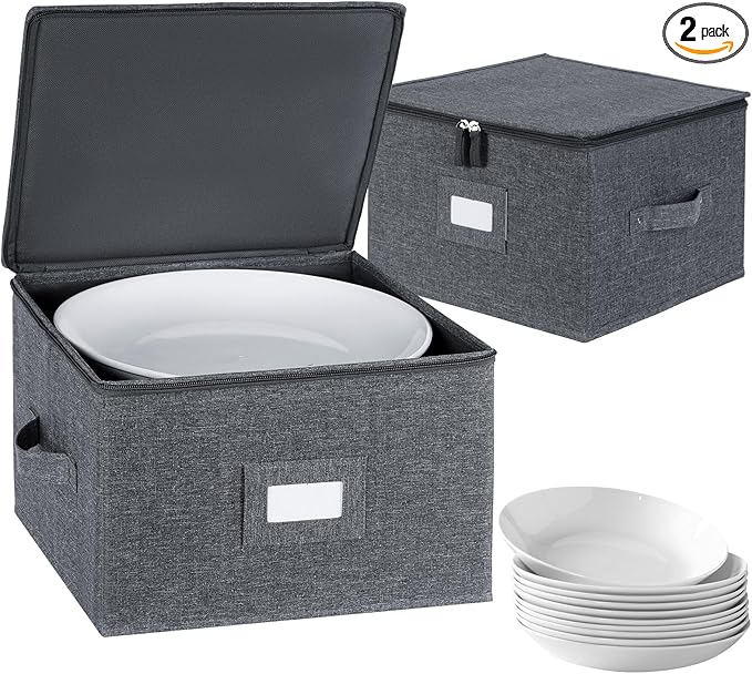 popoly China Storage Containers Hard Shell Inside 12" W x 8" H, Dinner Plate Storage Containers for Dishes, Dinnerware with 24 Felt Dividers, Hold 24 Plates, Stackable (2 Pack Grey)