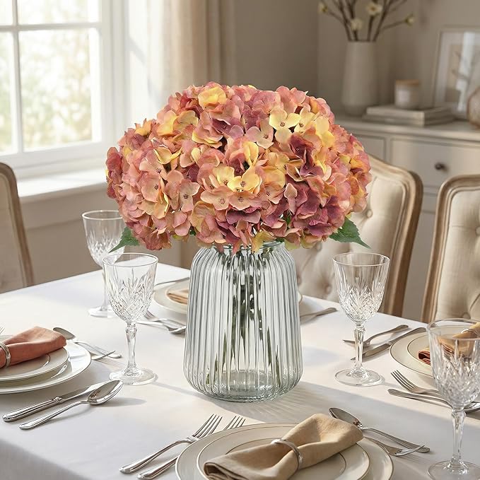2Bouquets Artificial Fake Flowers Plants Silk Hydrangea Arrangements Wedding Bouquets Decorations Plastic Floral Home Kitchen Garden Party Festival Bar DIY(Champagne-Dusty Pink)