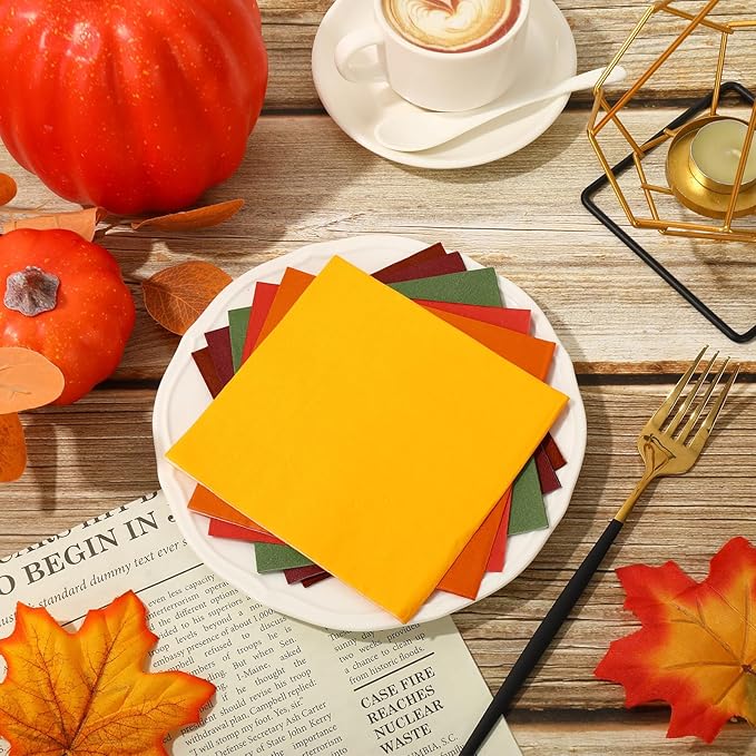 Whaline 120Pcs Fall Colors Cocktail Napkin Autumn Brown Orange Green Beverage Luncheon Paper Napkins 2 Ply for Thanksgiving Home Party Table Decor, 6 Colors
