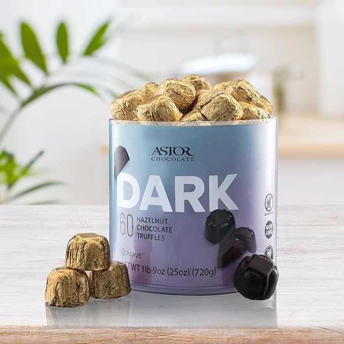 Astor Chocolate 60 Count Gourmet Vegan Certified Dark Chocolate Hazelnut Truffles Tub, Bulk Premium Candy Gift, Parve