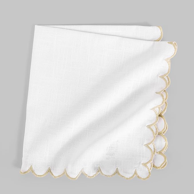 FINGERCRAFT Cloth Napkins, Everyday Use Scallop Design, Premium Quality Natural Cotton Napkin Set of 6 Perfect for Parties Dinners Weddings Easter Napkin Cloth 20x20 inch White/Beige