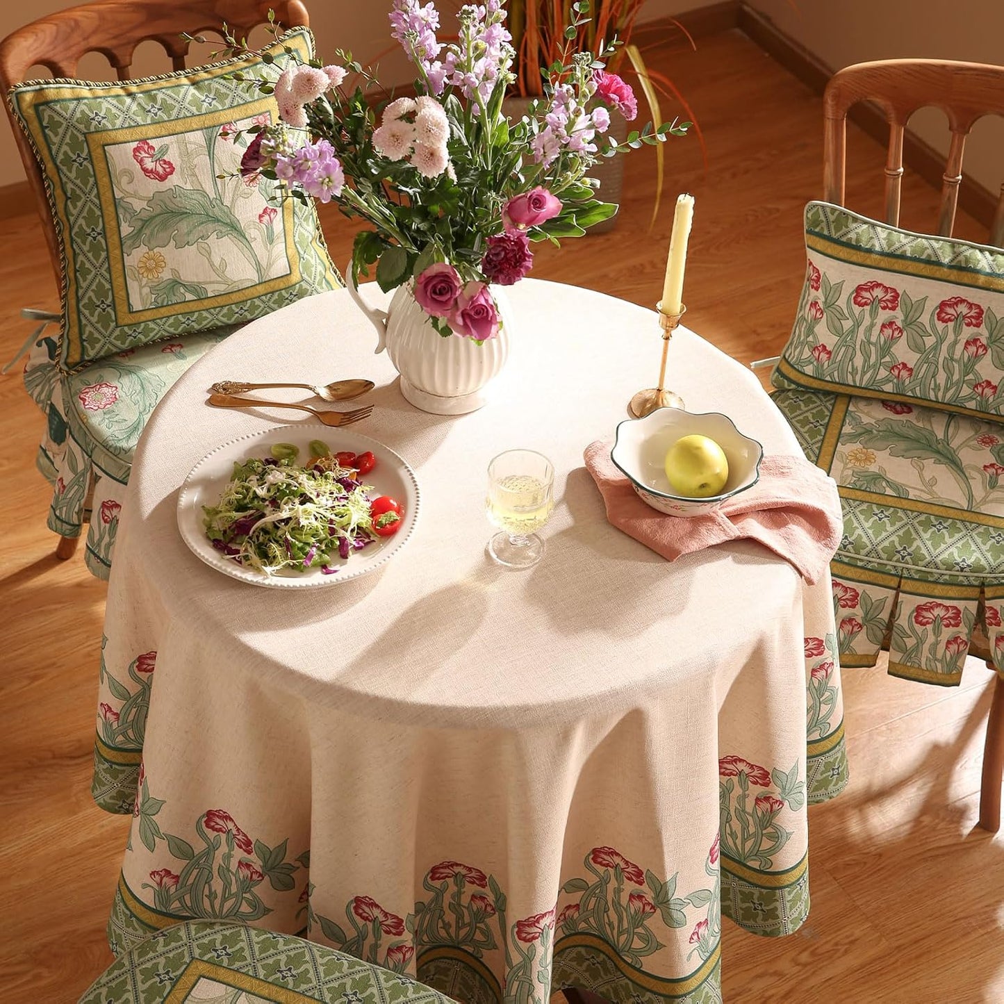 patdrea Designer Green Tablecloth for Round Table,Vintage Linen Leaves Pattern Table Cloth,Floral Cover Fall Decor for Kitchen Dining Christmas,Thanksgiving,Diameter 67"-Cecilia D