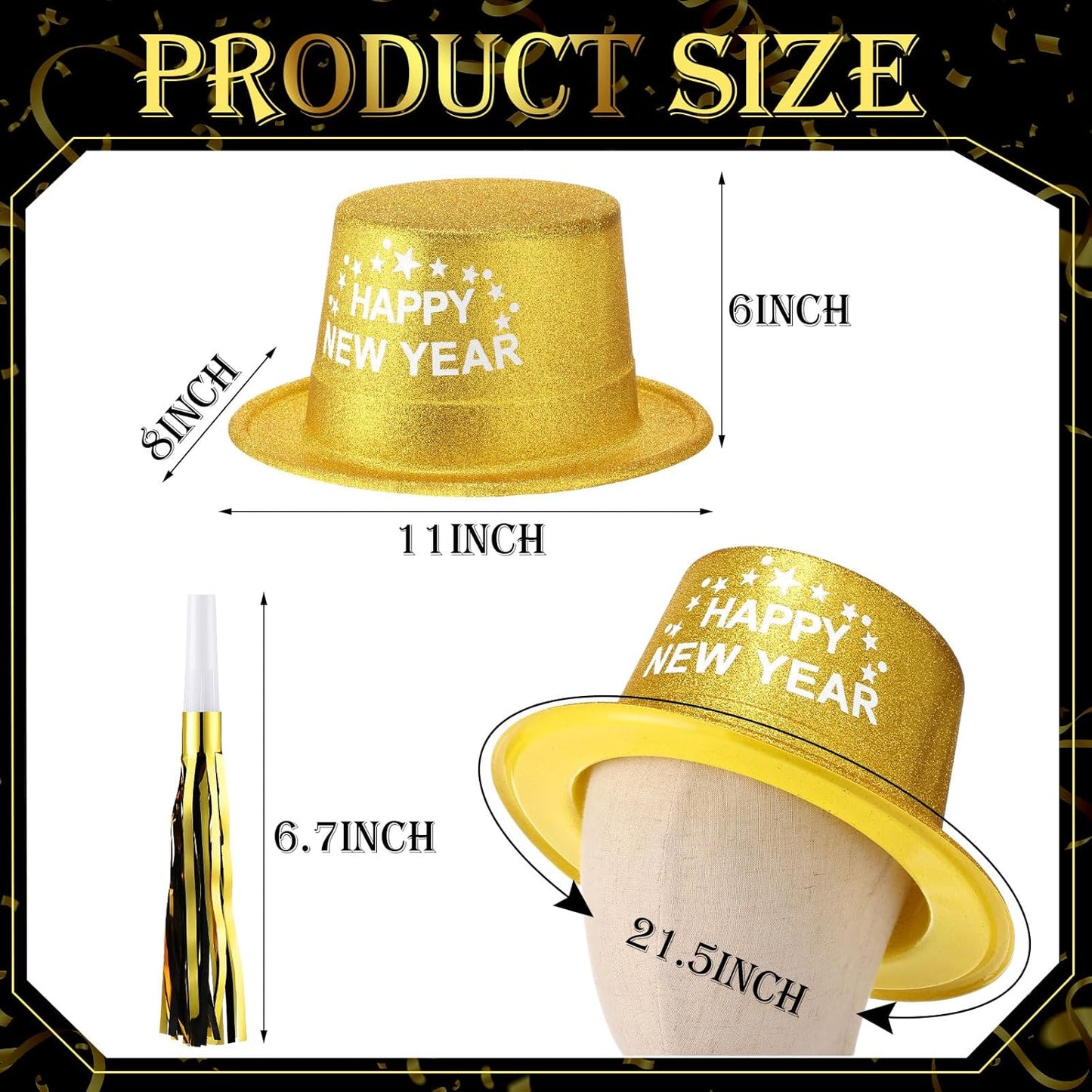 Poen 48 Pcs New Years 2026 Eve Party Supplies Included 24 Plastic Glitter Hats 24 Metallic Fringed Noise Makers for Happy New Year Decorations