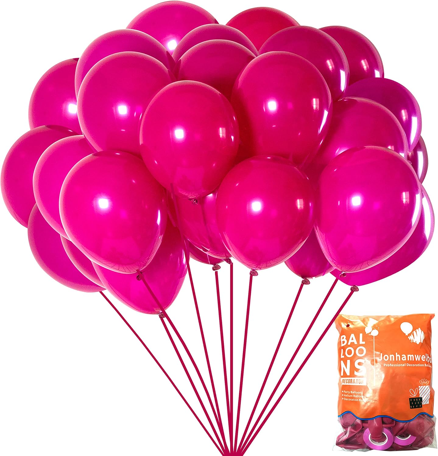 Jonhamwelbor Party Balloons Hot Pink Latex Balloons 100pcs 12inch Wedding Kid’s Birthday Bride Bachelorette Party Decorations(with Hot Pink Ribbon)