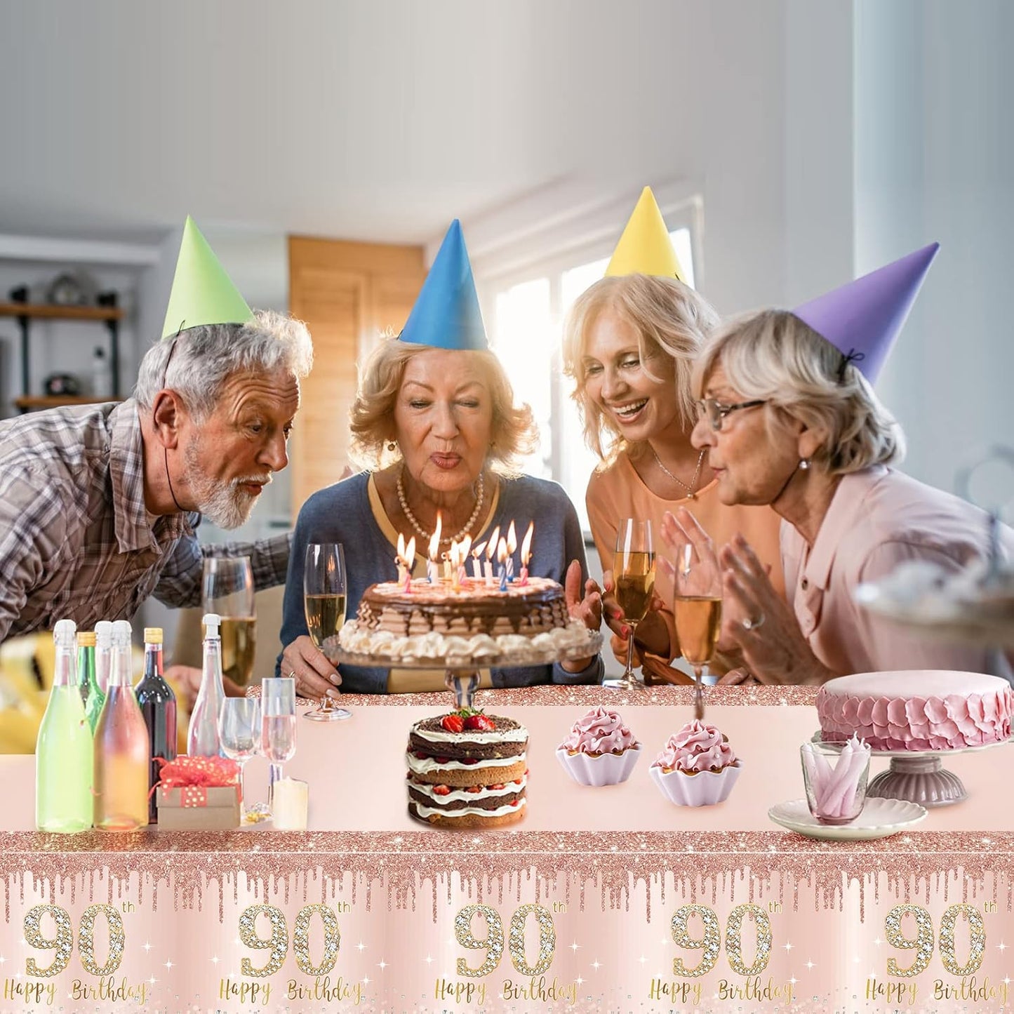 3 Pcs 90th Birthday Tablecloth Decorations, Pink Rose Gold Happy 90 Birthday Theme Table Cover, Plastic Disposable Rectangular Table Cloth Decor