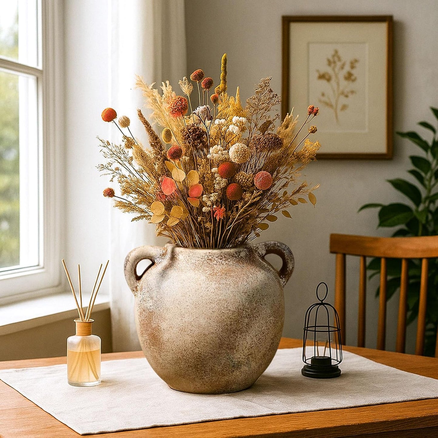 Rustic Ceramic Flower Vase with 2 Handles, Small Decorative Terracotta Boho Vase for Living Room, Table Centerpiece, Shelf Decor, Farmhouse, Entryway - 5.8 Inch Tall, Vintage Gray