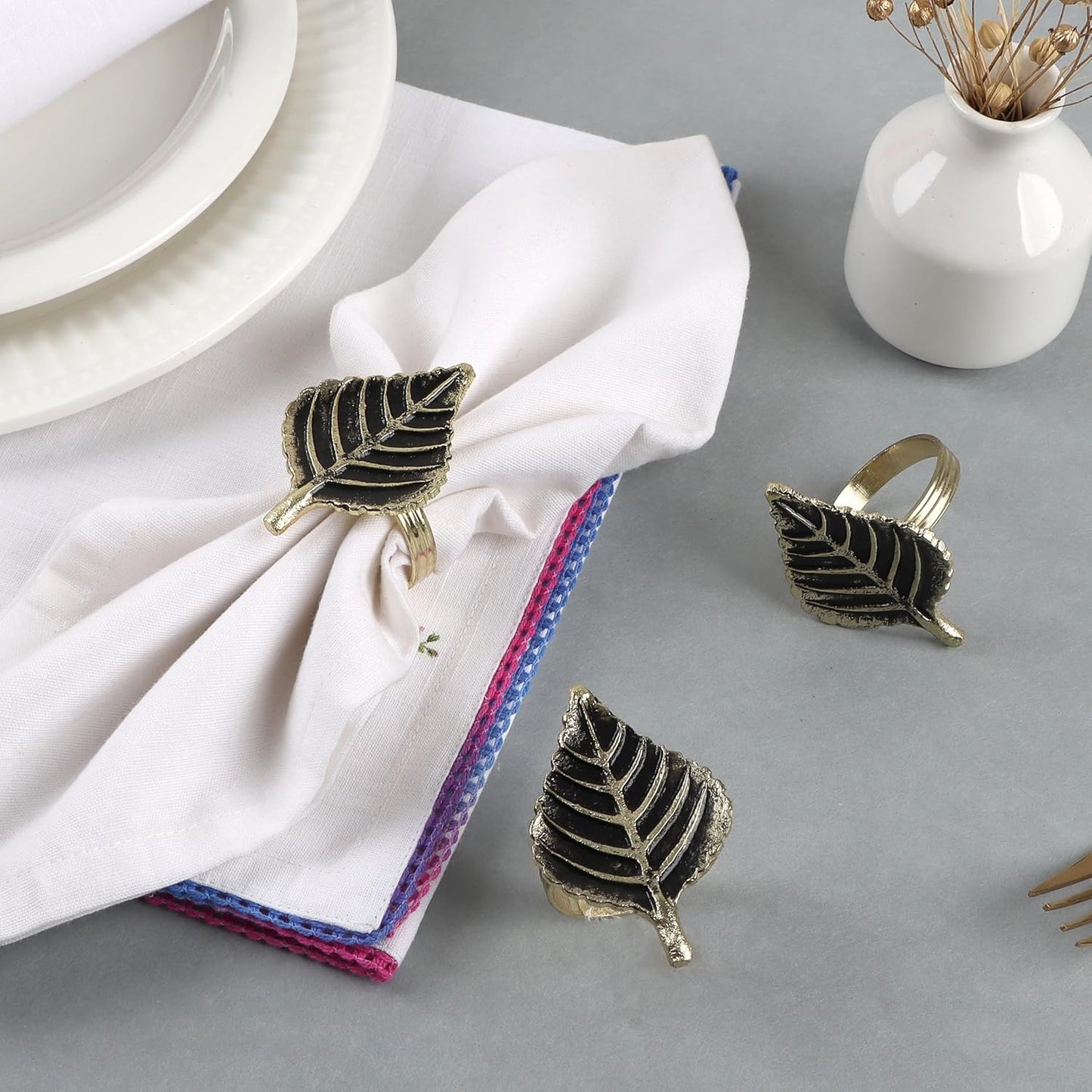 Set of 12 Napkin Rings for Farmhouse Decor Premium Metal Leaf Dinnerware Napkin Holders Thanksgiving, Christmas, and Easter Table Setting (Antique Gold) - ALPHA Living HOME