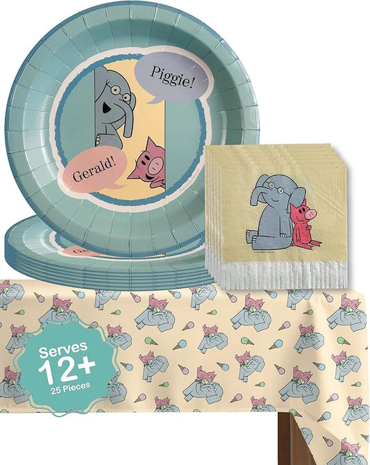 Elephant and Piggie Party Supplies for Birthday Party Decor with 12 Plates 12 Napkins and 1 Tablecloth for 9 Foot Table with Mo Willems Gerald and Piggie Book Characters (Tableware)