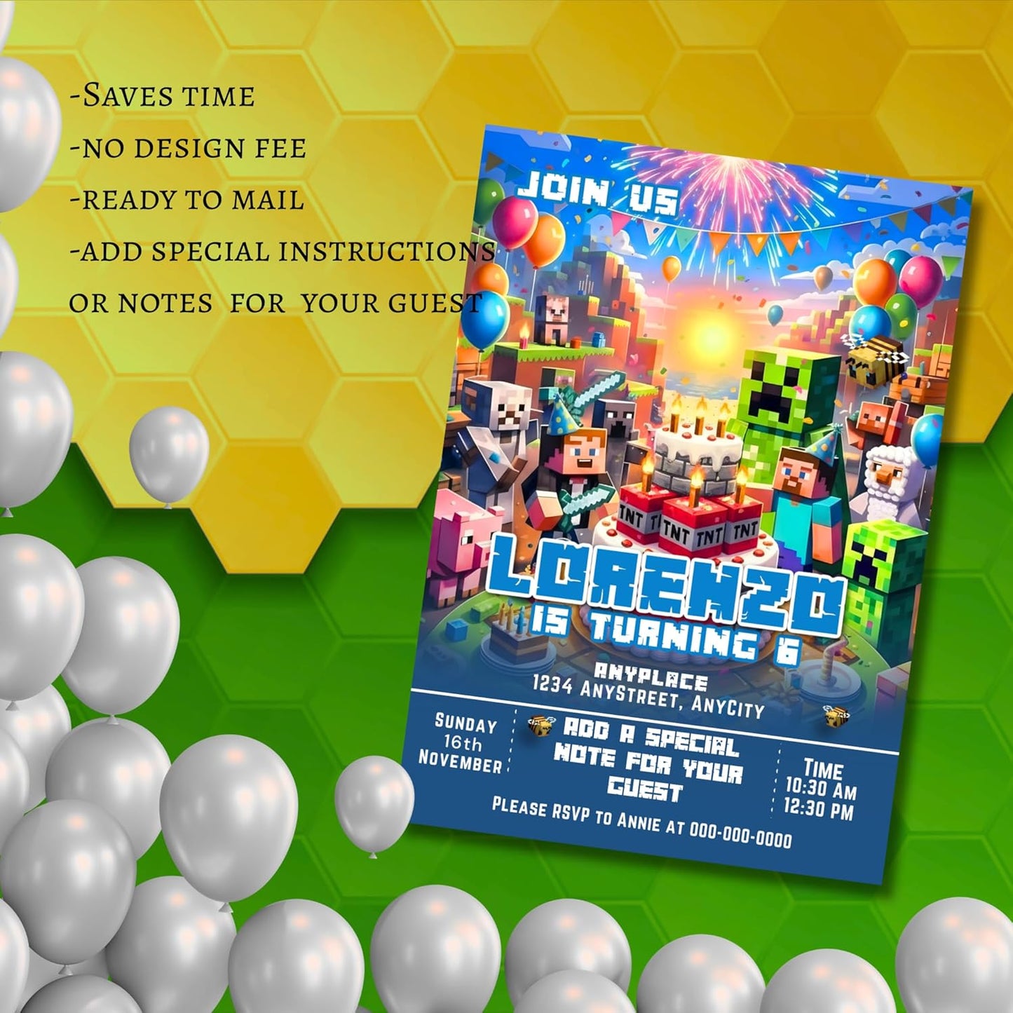 Fully Customizable minecraft Birthday Party Invitations, 4 x 6 inches, with Self-Sealing Envelopes, Gaming Theme Design, minecraft Birthday Invitations for Boys and Girls (Minecraft/Cake)