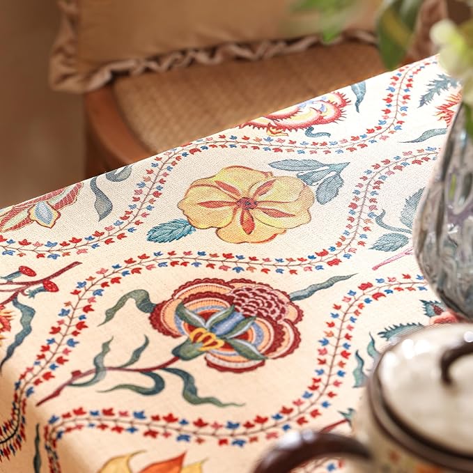 Vintage French Rectangular Tablecloth,Linen Tablecloth with Rose and Cornflower Pattern,Decorative Table Cover for Kitchen,Dining,Thanksgiving,Tea Party,55" × 87"-Lanae