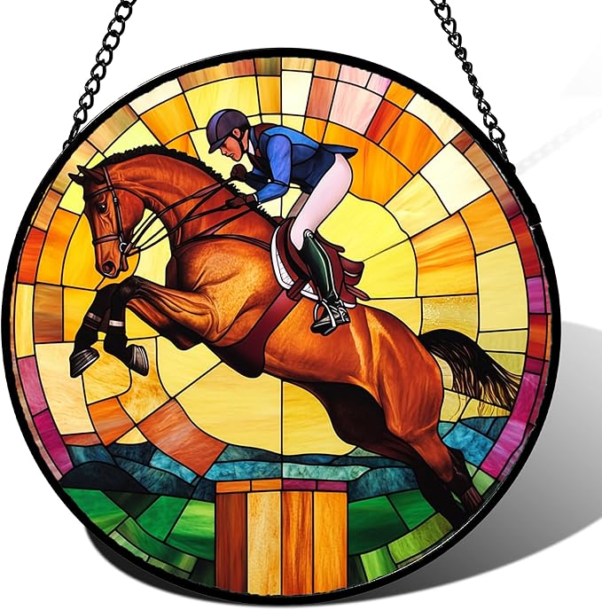 Stained Glass Window Hanging Equestrian Sports 6.3" - Horse Suncatcher Door Garden Sunroom Sun Catcher Home Decor Birthday Christmas for Mom Men Woman Nana