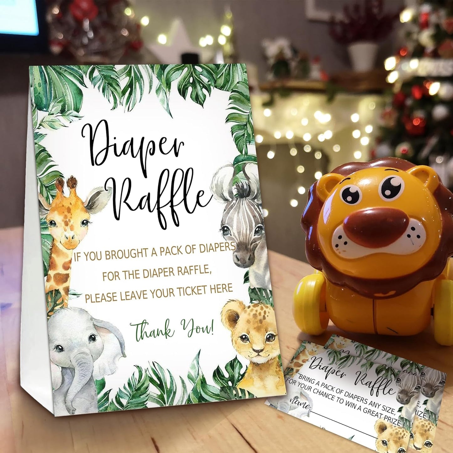 Jungle Animals Diaper Raffle Tickets for Baby Shower Game, 1 Standing Sign(5 * 7 Inch) & 50 Guessing Cards for Baby Shower Party Decoration, C1