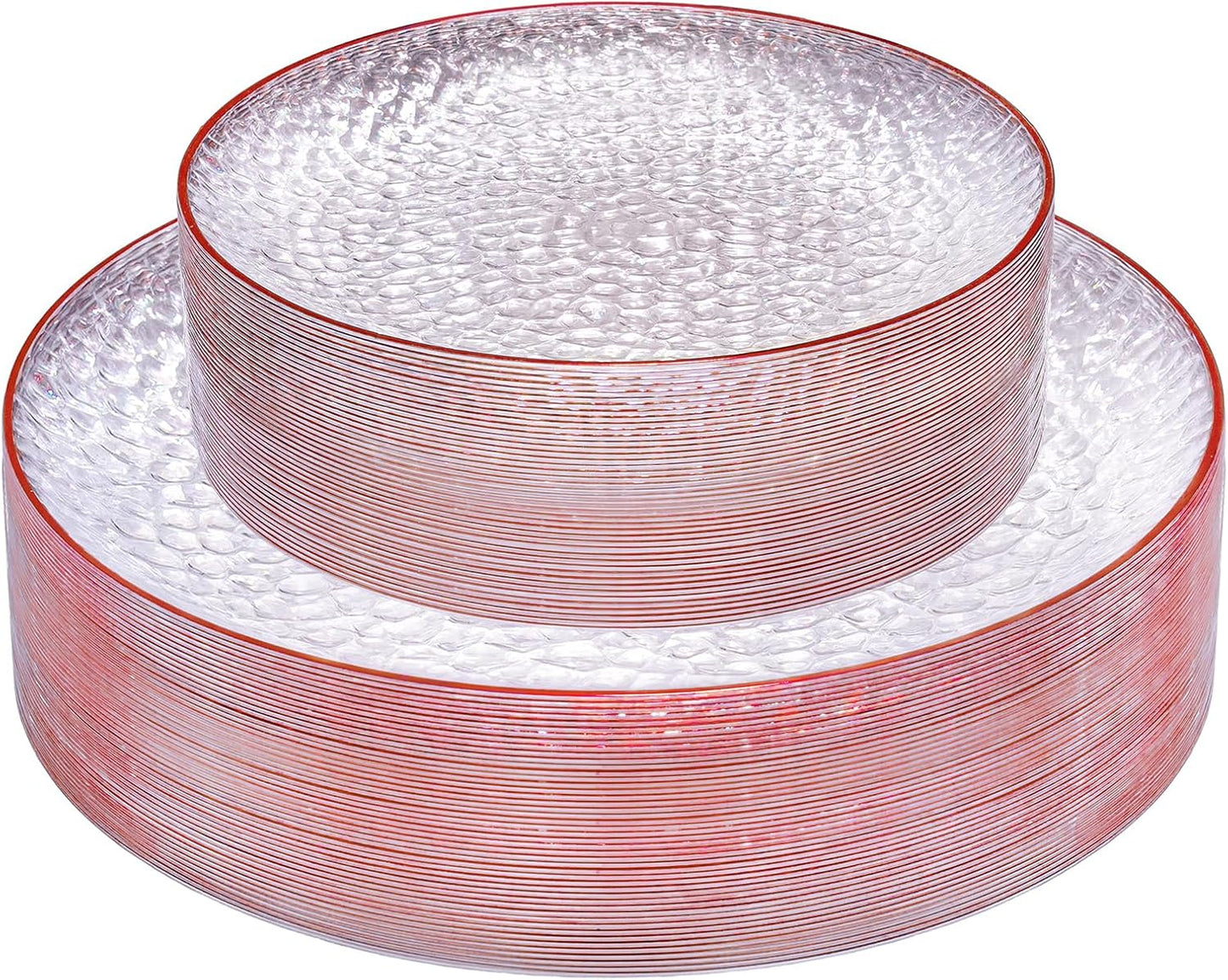 Rubtlamp 60Pcs Red Plastic Plates, Clear Plastic Plates, Heavy Duty Disposable Plates for Party, Fancy Hammered Plates Include 30 Red Dinner Plates 30 Clear Cake Plates For Wedding