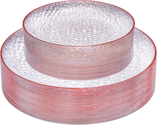 Rubtlamp 60Pcs Red Plastic Plates, Clear Plastic Plates, Heavy Duty Disposable Plates for Party, Fancy Hammered Plates Include 30 Red Dinner Plates 30 Clear Cake Plates For Wedding