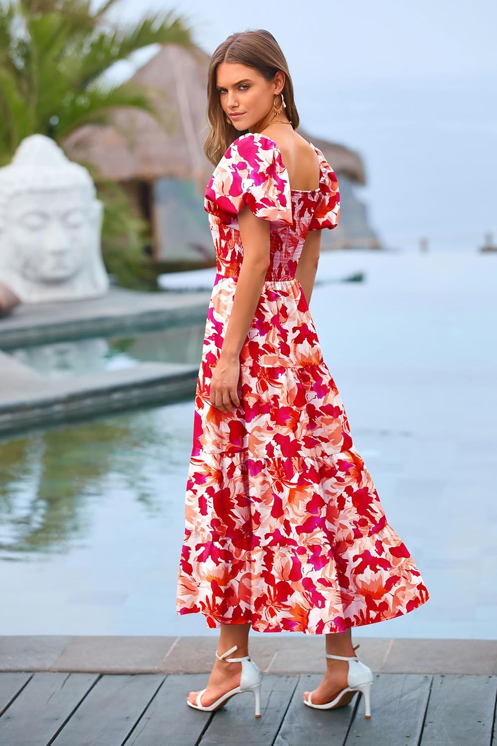 PRETTYGARDEN Women's Casual Summer Midi Dress Puffy Short Sleeve Square Neck Smocked Tiered Ruffle Dresses