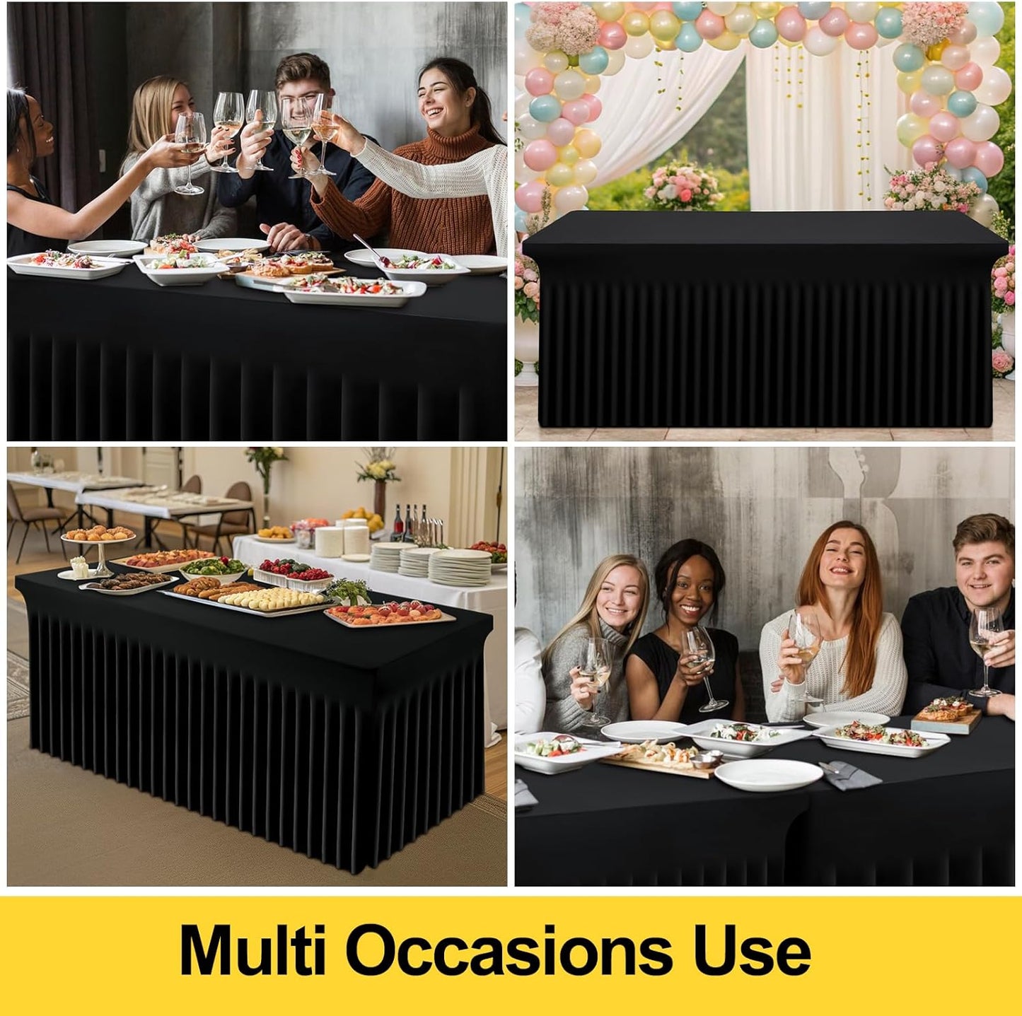 Smiry Spandex Tablecloth 2 Pack, Elastic Fitted Stretch Tablecloth for 8FT Rectangle Tables, Waterproof Washable Table Cover Skirt for Outdoor, Wedding, Banquet & Parties (Black, 96Lx30Wx30H Inch)