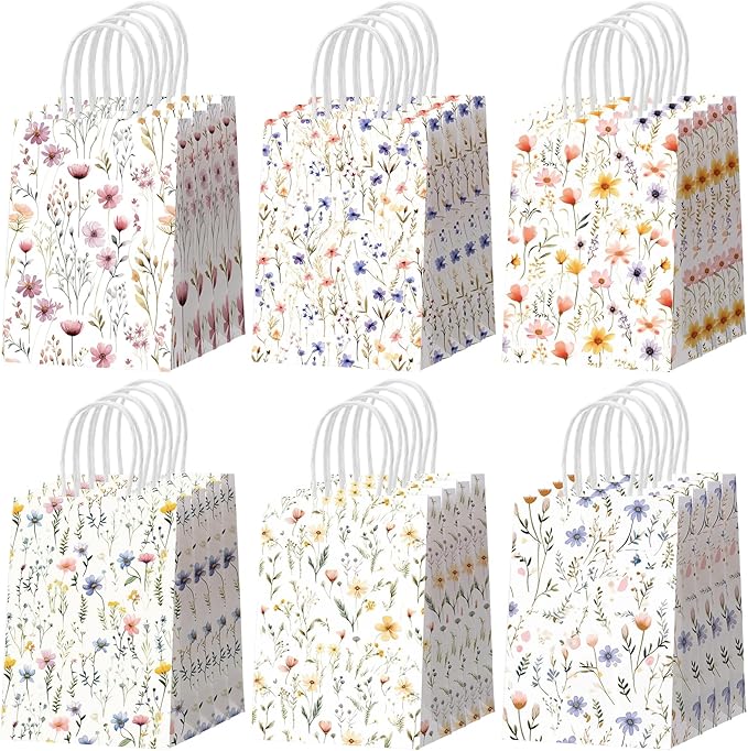 Resholder 30 Pcs Wildflower Paper Gift Bags with Handles Spring Floral Party Favor Bags Colorful Flower Goodie Gift Candy Treat Pouches for Wedding Bridal Shower Baby Shower Birthday Spring Tea Party