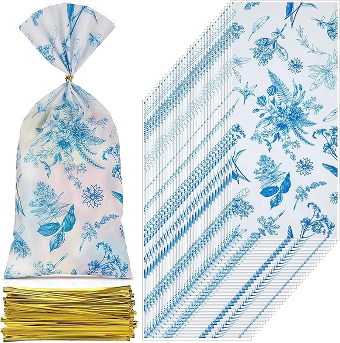 Sweetude 100 Pcs Wildflower Party Cellophane Treat Bags Candy Plastic Clear Goody Bags Gift Supplies for Baby Shower Bridal Shower Birthday Wedding Party Favors, 11"x 5" (Blue and White)