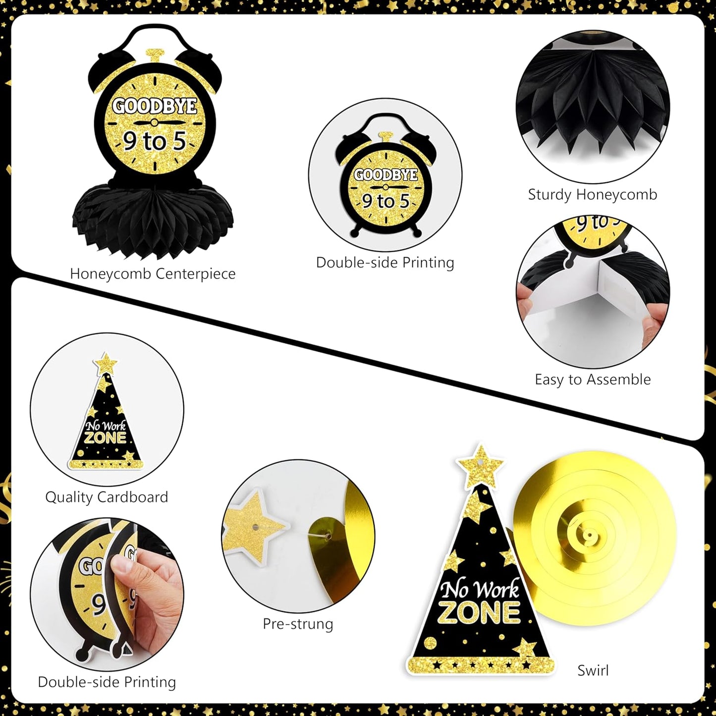 Retirement Party Decorations, 109Pcs Black Gold Happy Retirement Decorations for Men Women, The Legend Has Retired Backdrop Sash Banner Tablecloth Pompoms Centerpiece Hanging Swirls Balloons