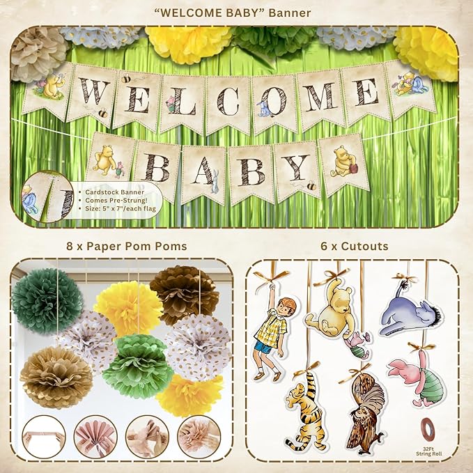 Winnie Baby Shower Decorations – the Pooh Balloons, Backdrop, Welcome Baby Banner, Tablecloth, Cake Toppers, Pompoms, Sash & More – Classic Pooh Baby Shower Theme Party Decor
