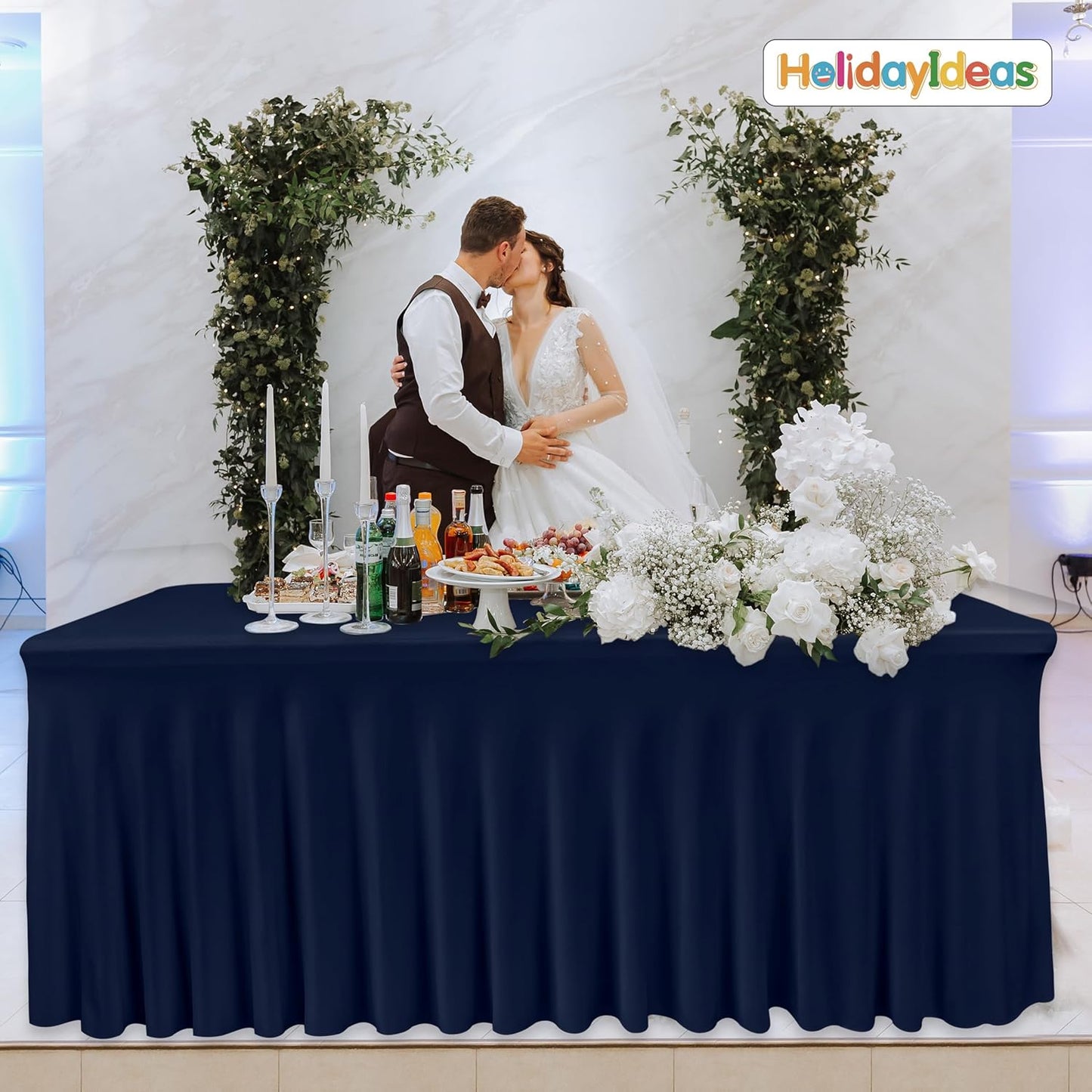 HolidayIdeas 6 Pack 6ft Spandex Table Covers for Event, Fitted Stretch Table Skirts 30x72 Inch, Wrinkle-Free Floor Length Tablecloths for Weddings Parties Banquets Events, Navy